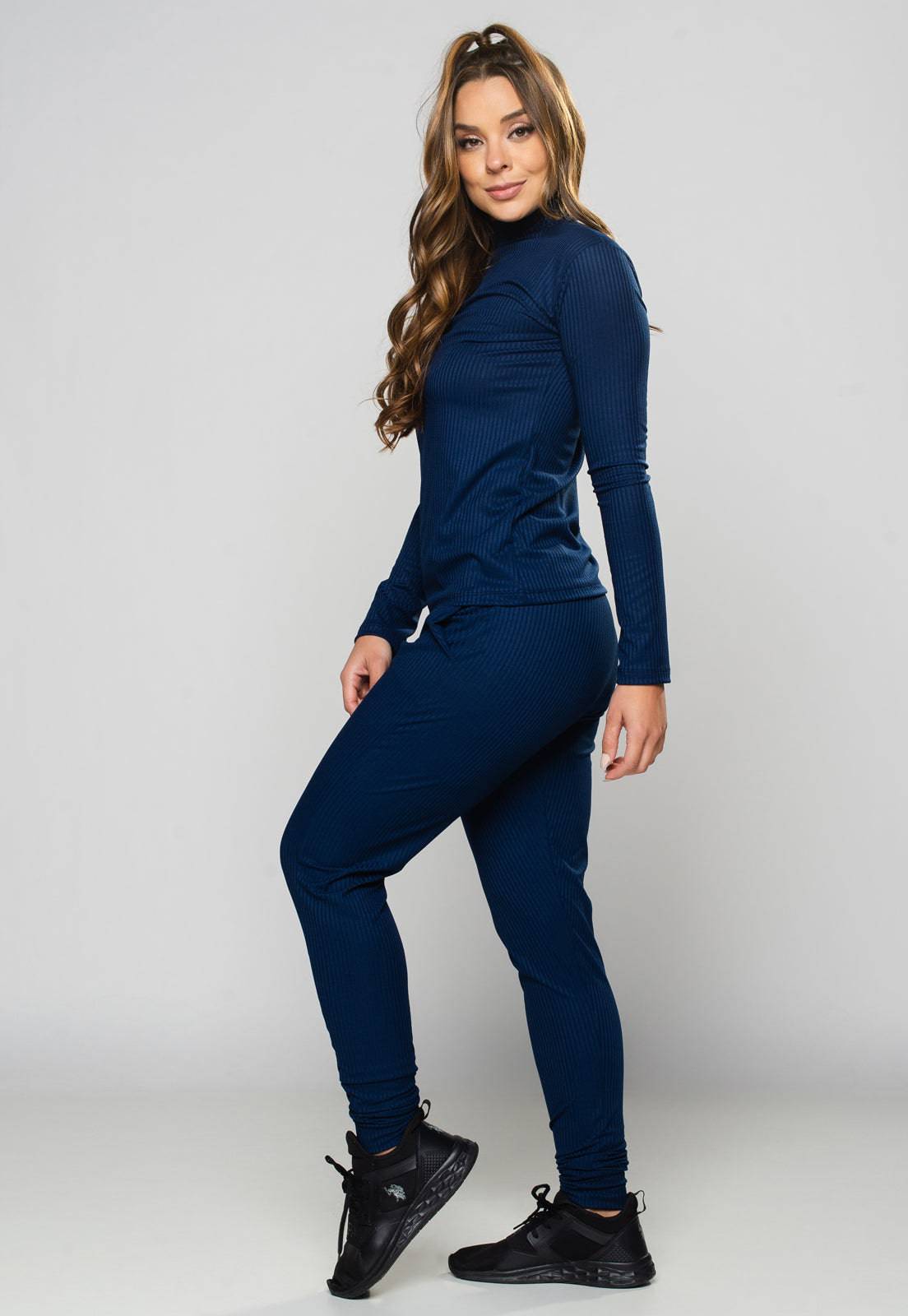 Conjunto Canelado Calça Jogger e Blusa Gola Alta Azul - MVB MODAS