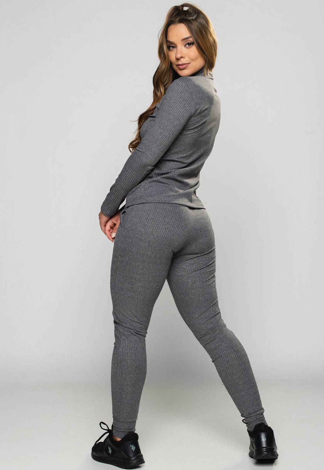 Conjunto Canelado Calça Jogger e Blusa Gola Alta Cinza - MVB MODAS