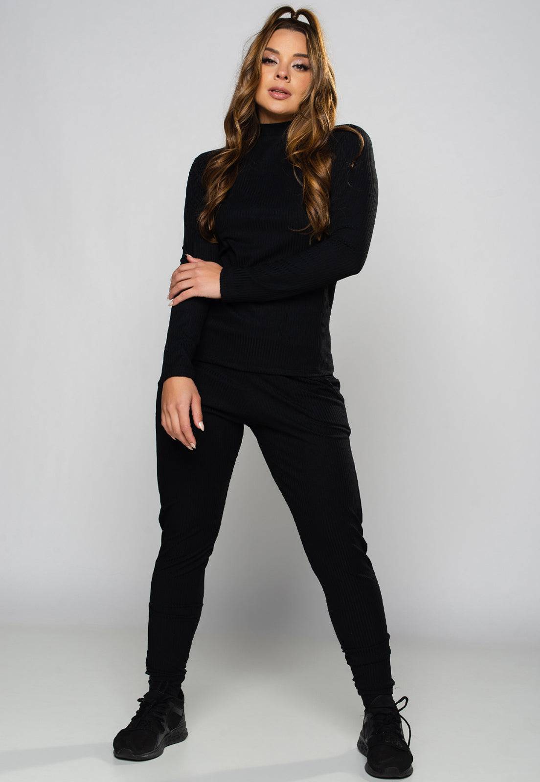 Conjunto Canelado Calça Jogger e Blusa Gola Alta Preto - MVB MODAS