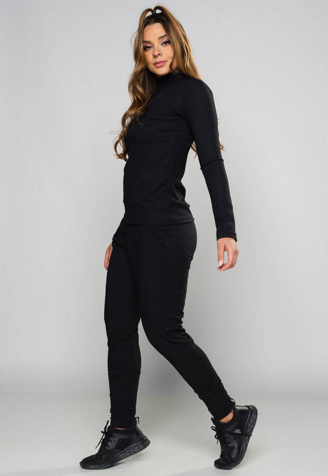 Conjunto Canelado Calça Jogger e Blusa Gola Alta Preto - MVB MODAS