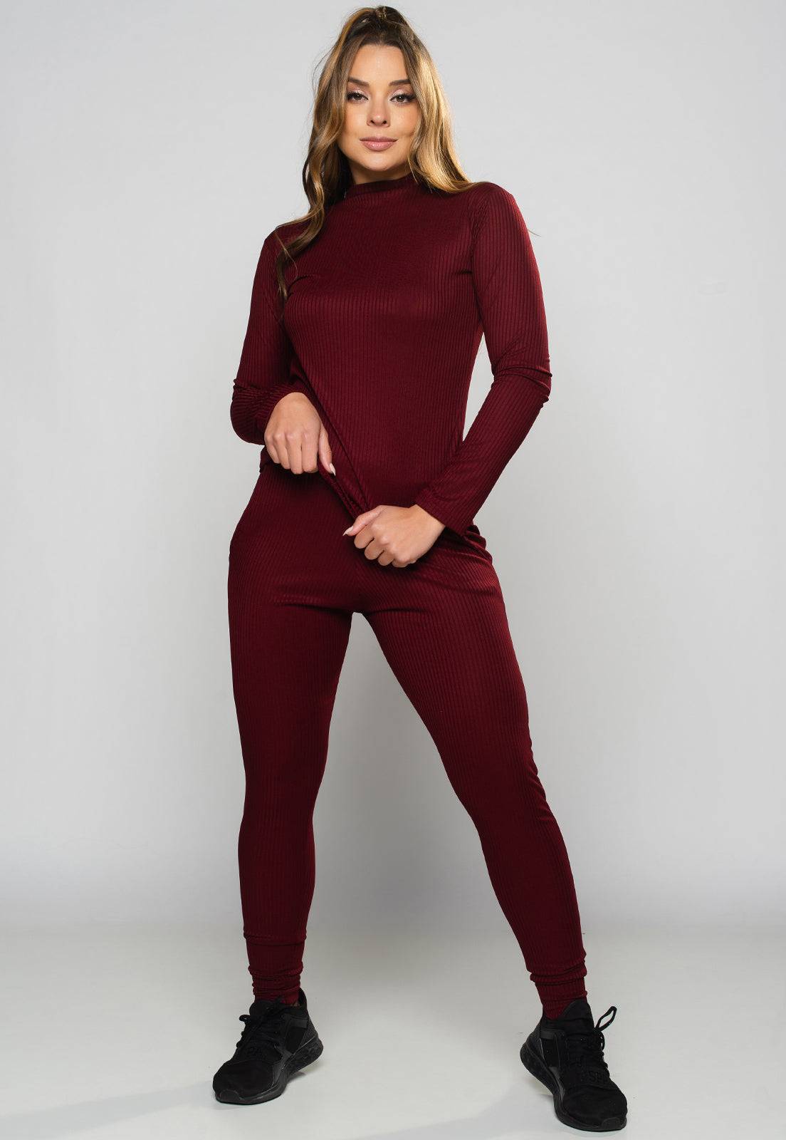 Conjunto Canelado Calça Jogger e Blusa Gola Alta Vinho - MVB MODAS
