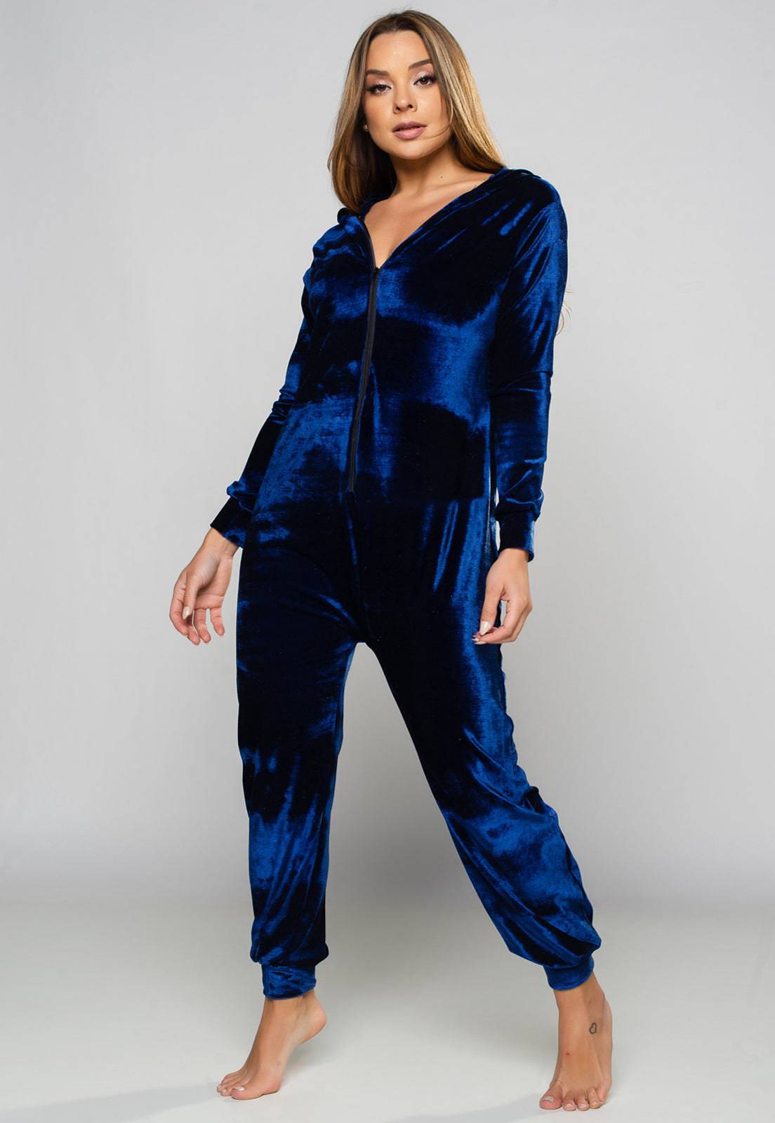 Macacão Longo Veludo Molhado Azul - MVB MODAS