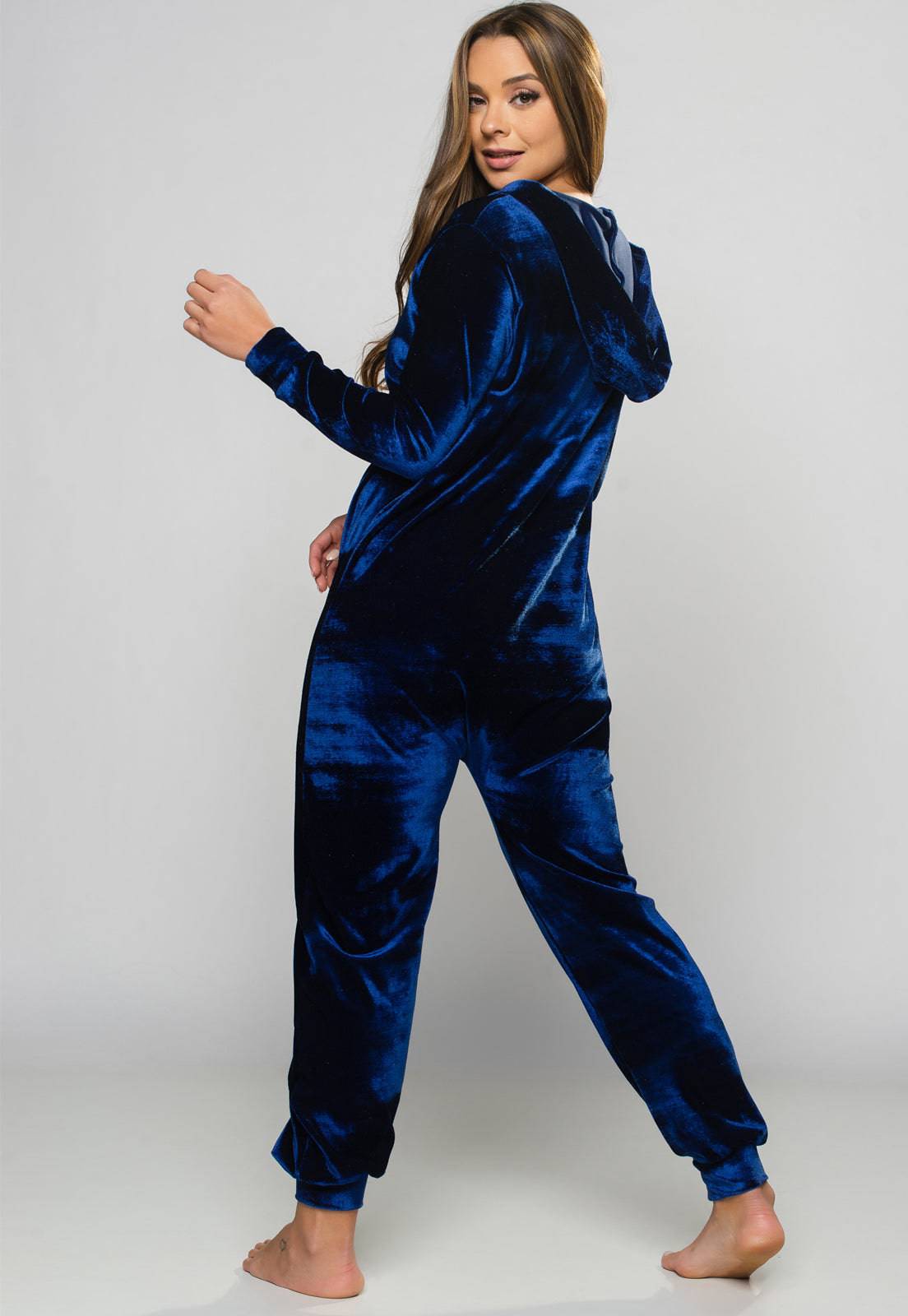 Macacão Longo Veludo Molhado Azul - MVB MODAS