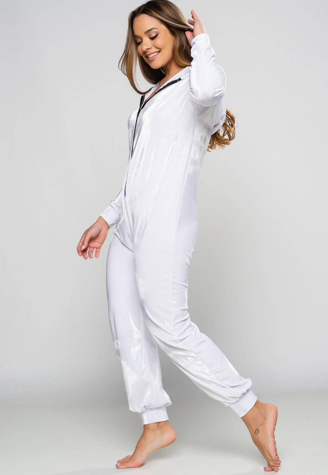 Macacão Longo Veludo Molhado Branco - MVB MODAS