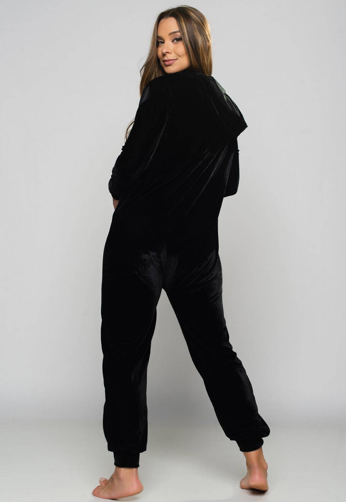Macacão Longo Veludo Molhado Preto - MVB MODAS