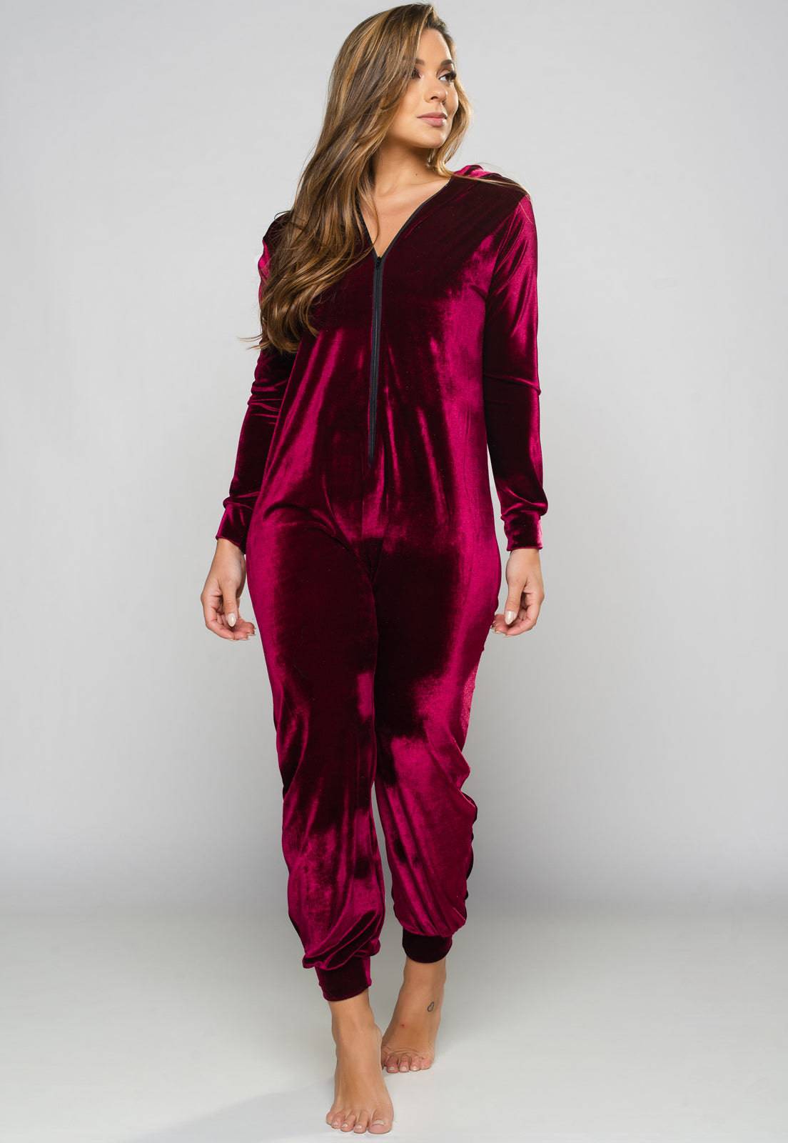 Macacão Longo Veludo Molhado Vinho - MVB MODAS