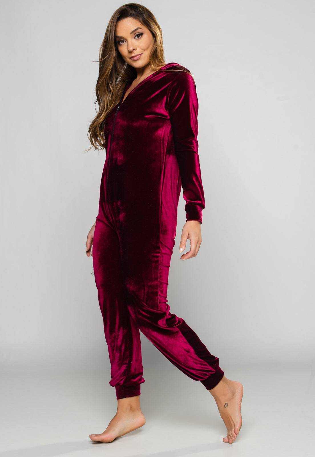 Macacão Longo Veludo Molhado Vinho - MVB MODAS