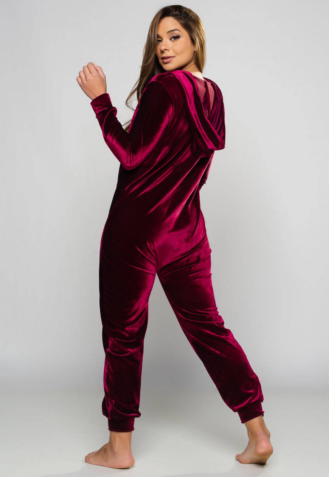 Macacão Longo Veludo Molhado Vinho - MVB MODAS