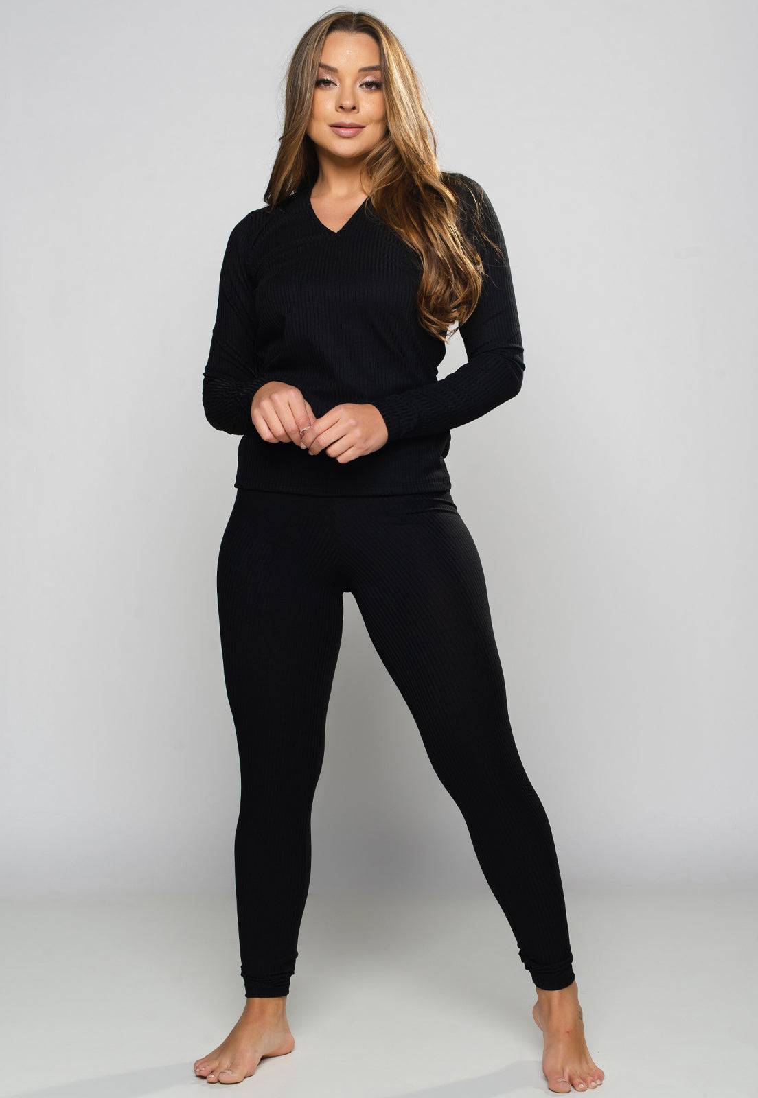 Pijama Canelado Gola V Manga Longa e Calça Lisa Preto - MVB MODAS