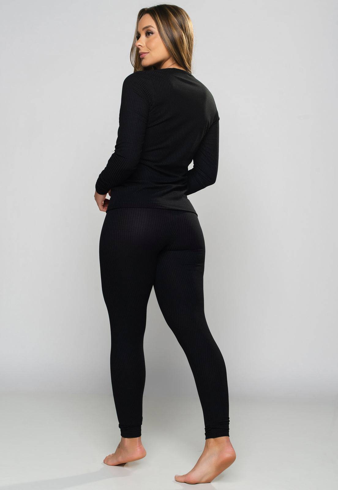 Pijama Canelado Gola V Manga Longa e Calça Lisa Preto - MVB MODAS