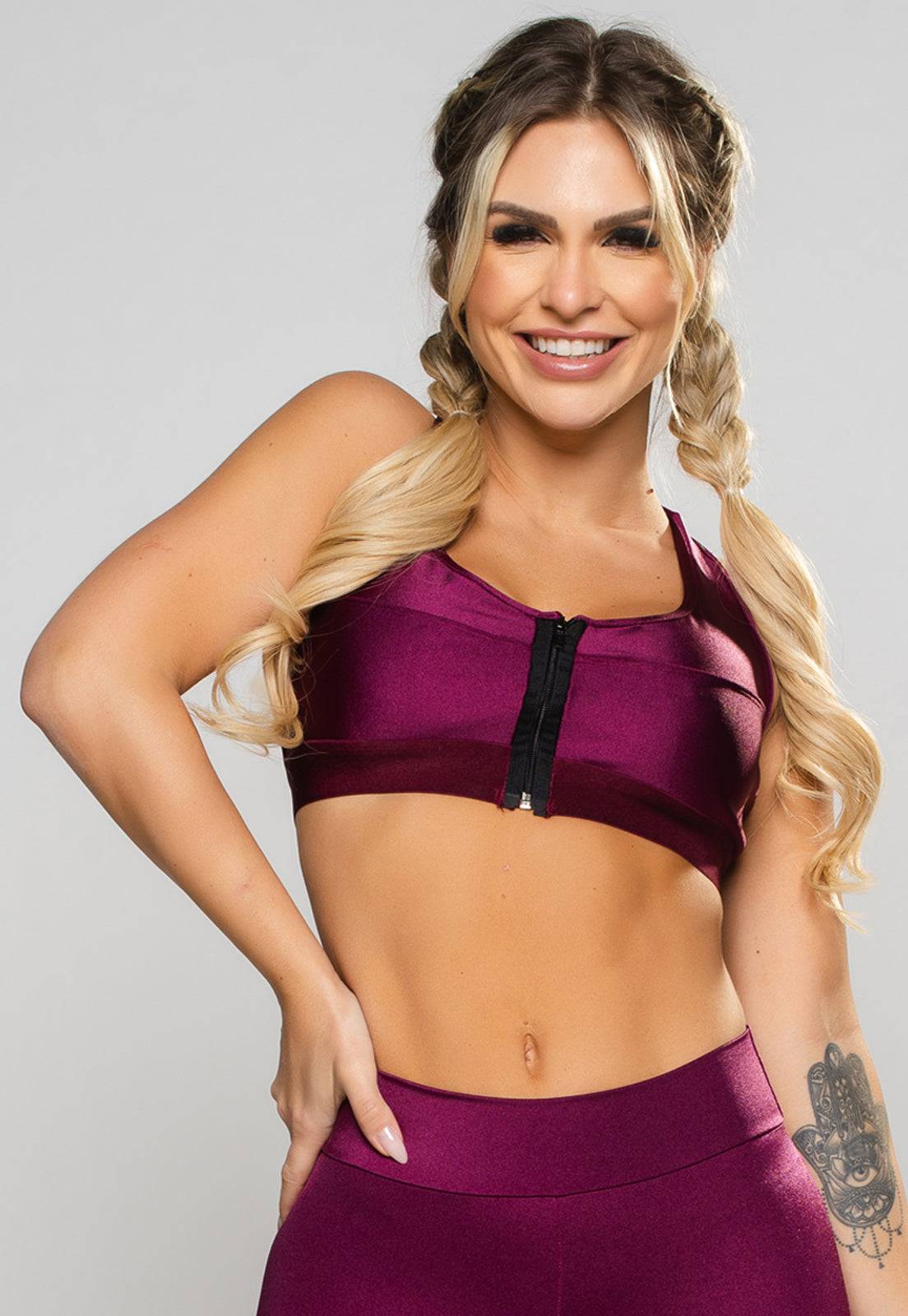 Top Nadador Zíper Poliamida Brilhosa Vinho - MVB MODAS