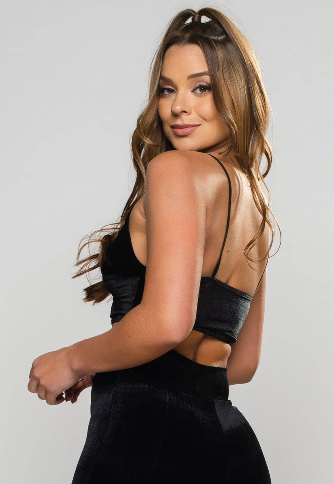 Cropped Transpassado Veludo Molhado Preto - MVB MODAS