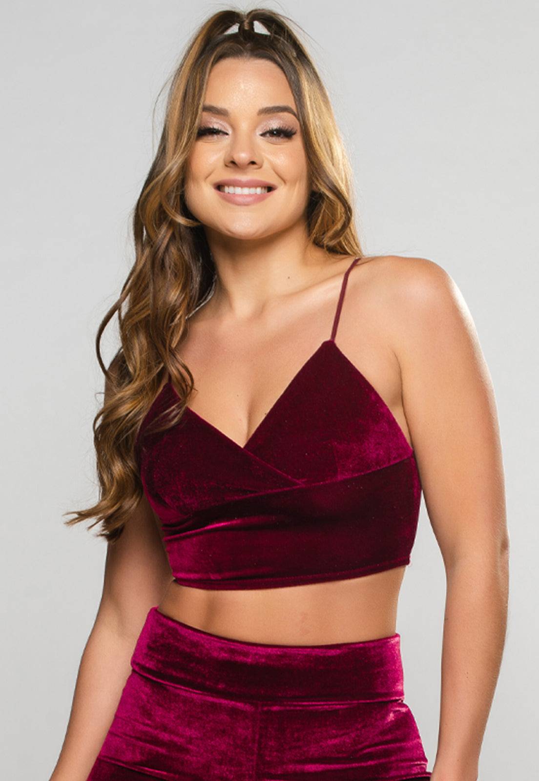 Cropped Transpassado Veludo Molhado Vinho - MVB MODAS