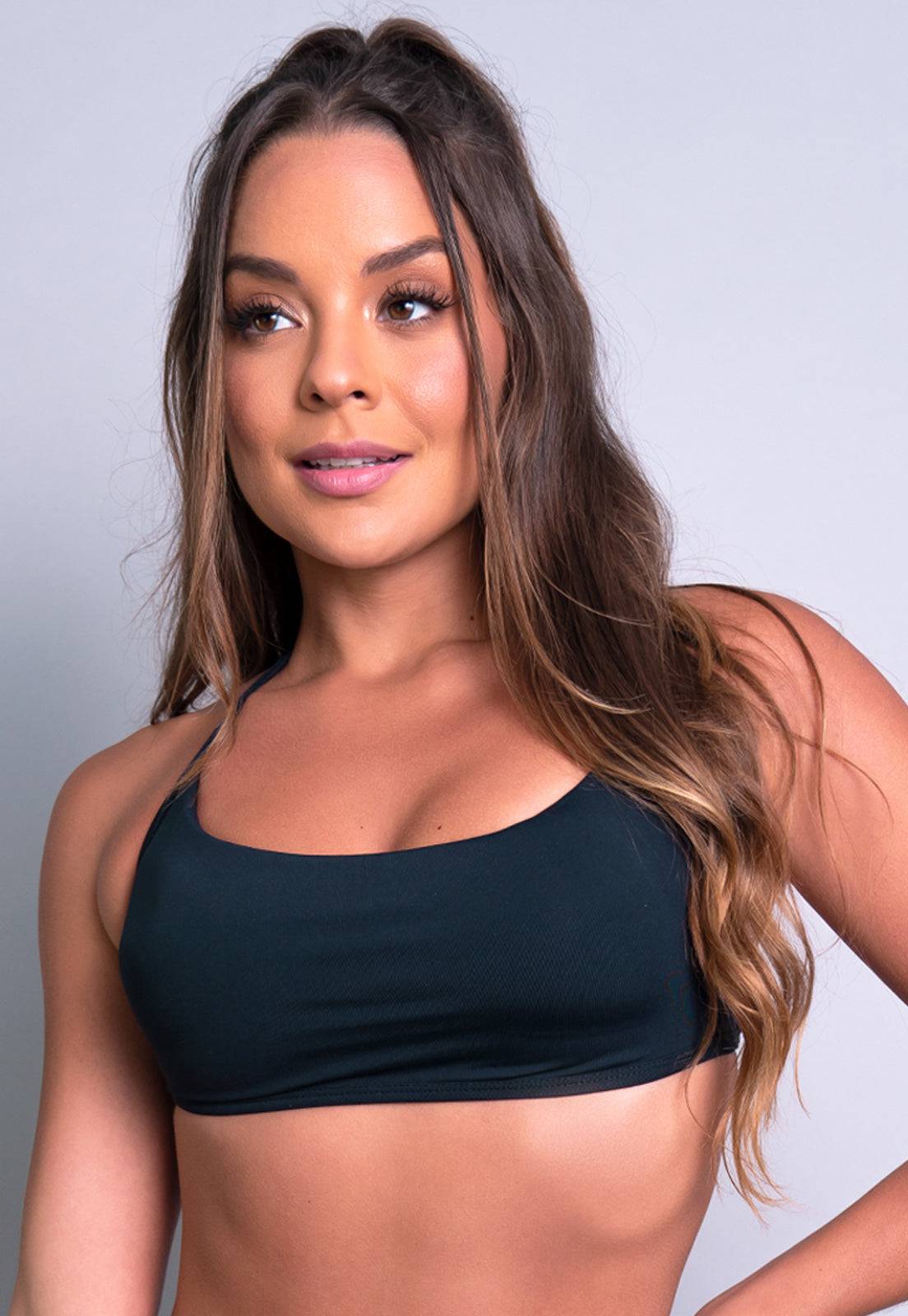 Top Biquíni Frente Única Com Bojo Preto - MVB MODAS