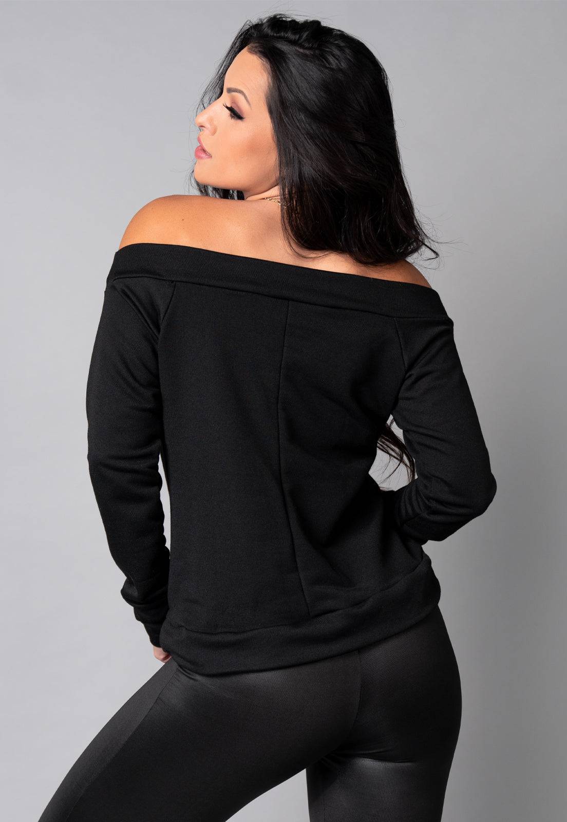 Blusa Manga Longa Cropped Ombro a Ombro Preto - MVB MODAS