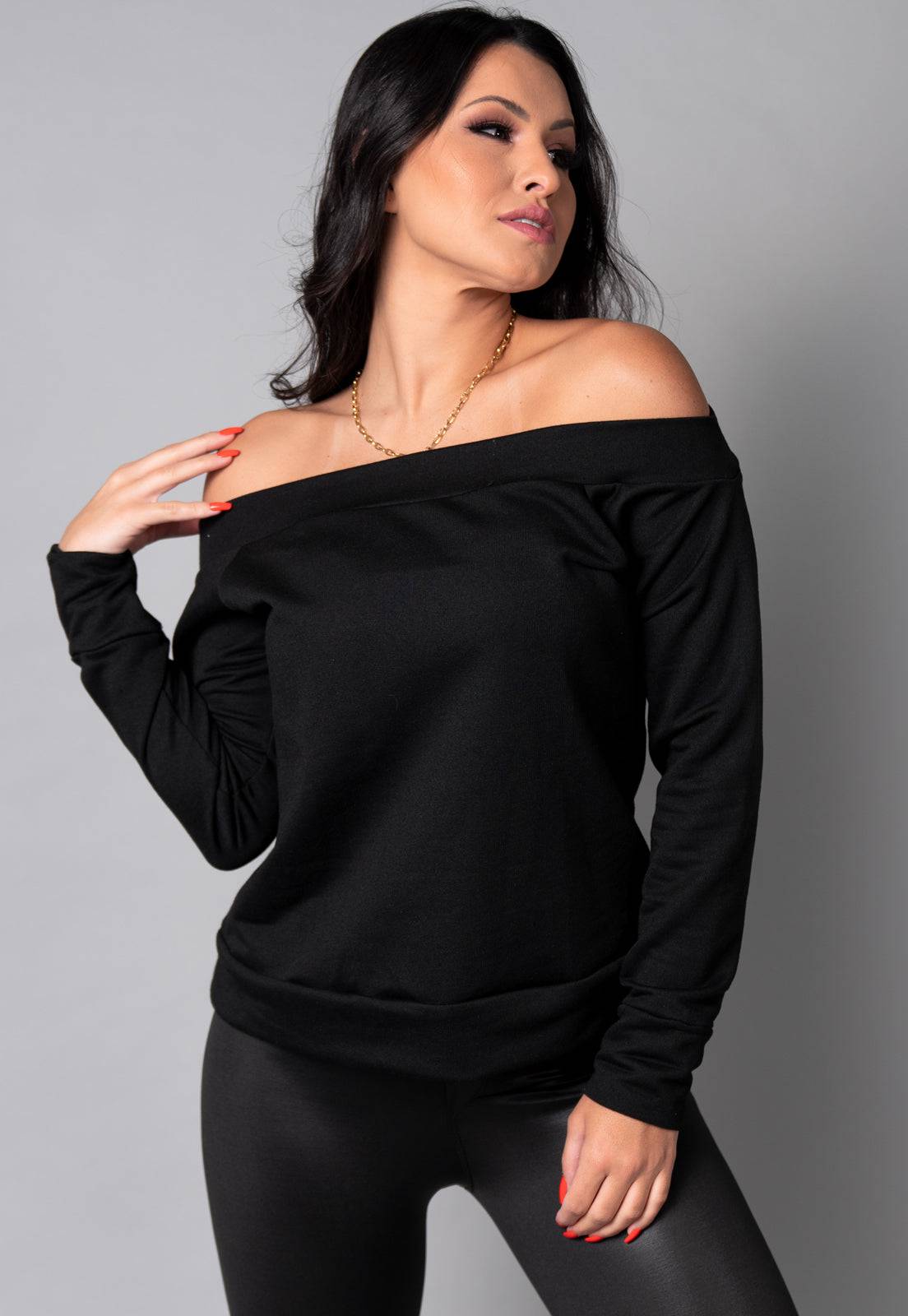 Blusa Manga Longa Cropped Ombro a Ombro Preto - MVB MODAS