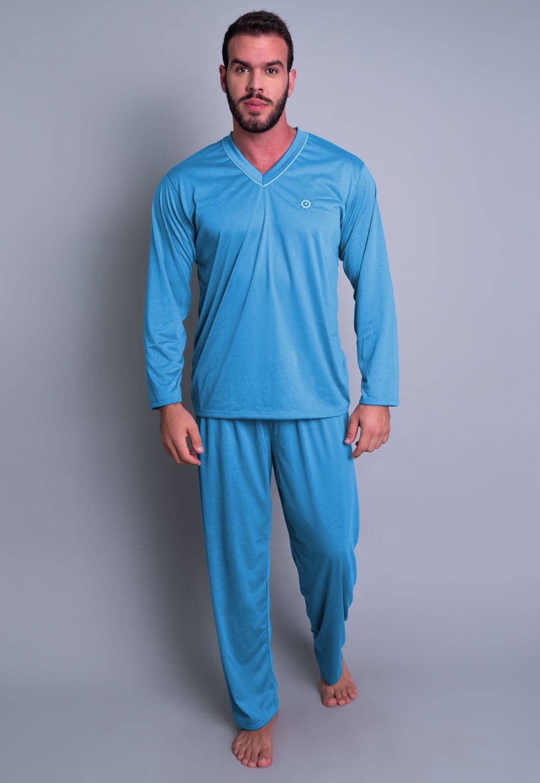 Pijama Longo Masculino Manga Comprida Calça Azul Claro - MVB MODAS