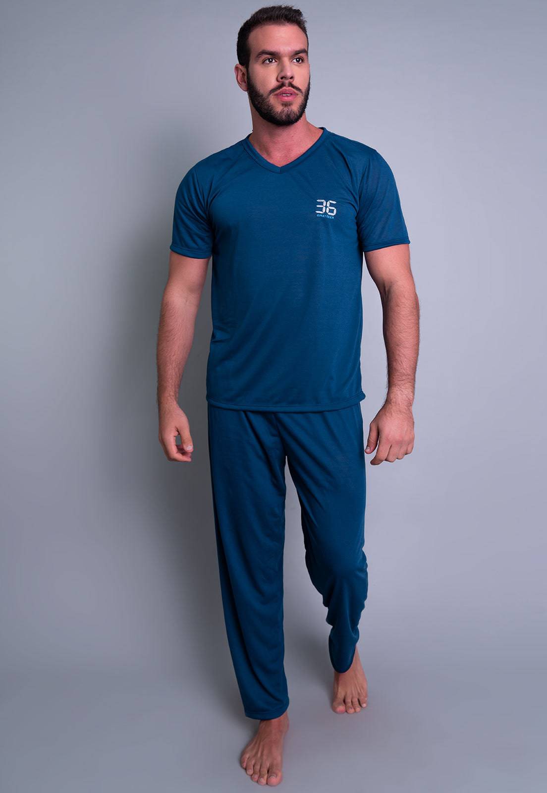 Pijama Longo Manga Curta Calça Azul - MVB MODAS