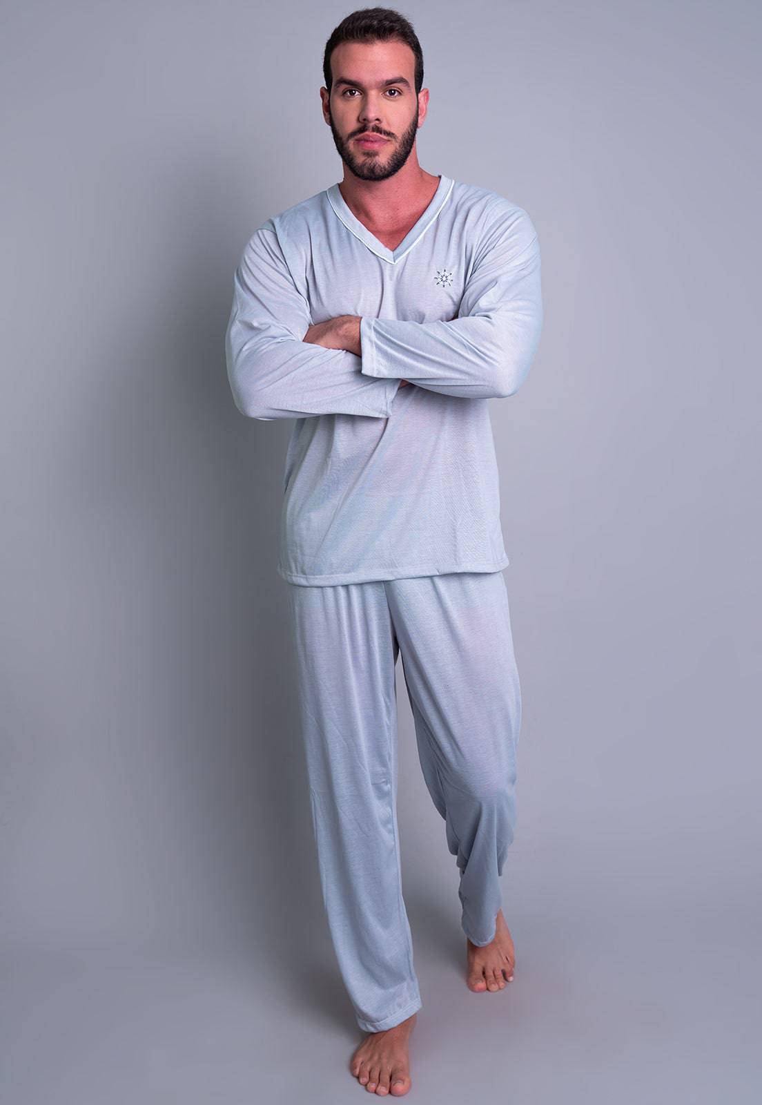 Pijama Longo Masculino Manga Comprida Calça Cinza - MVB MODAS
