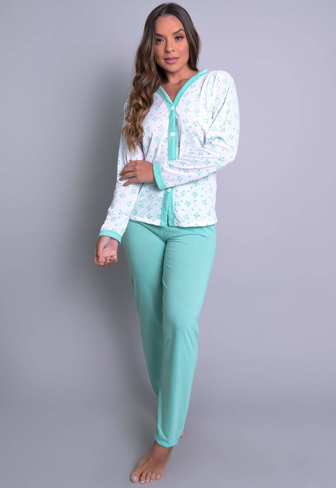 Pijama Longo Blusa Aberta Botões Calça Verde - MVB MODAS