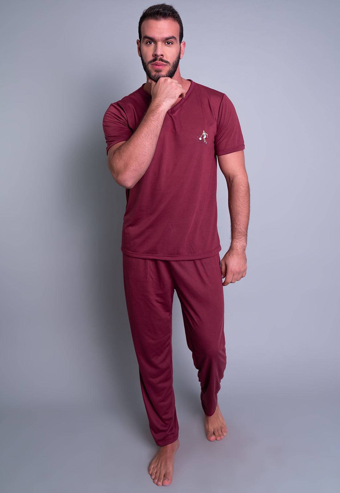 Pijama Longo Manga Curta Calça Vinho - MVB MODAS
