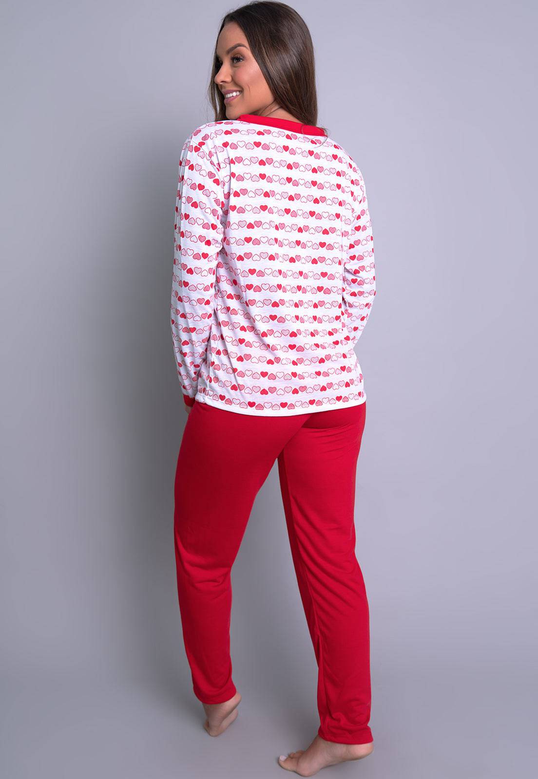 Pijama Longo Blusa Aberta Botões Calça Vermelho - MVB MODAS