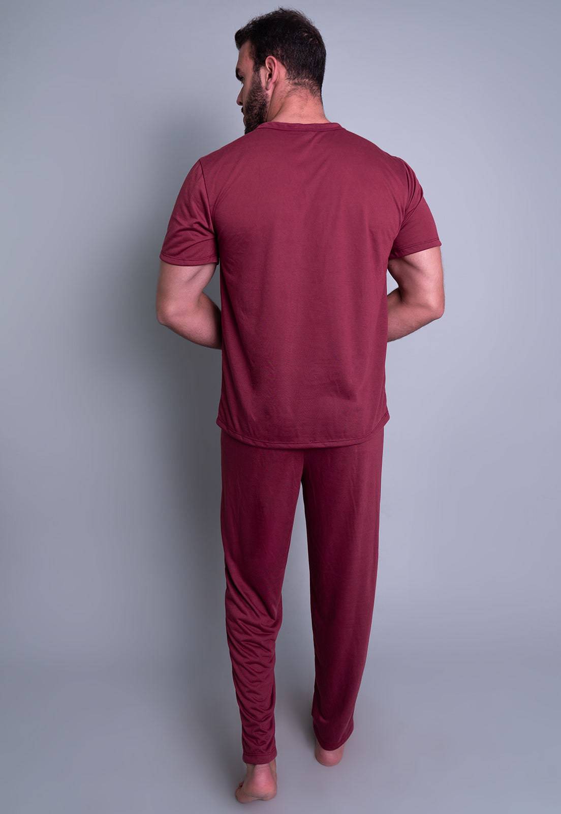 Pijama Longo Manga Curta Calça Vinho - MVB MODAS