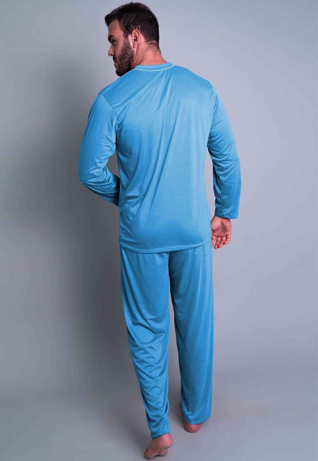Pijama Longo Masculino Manga Comprida Calça Azul Claro - MVB MODAS