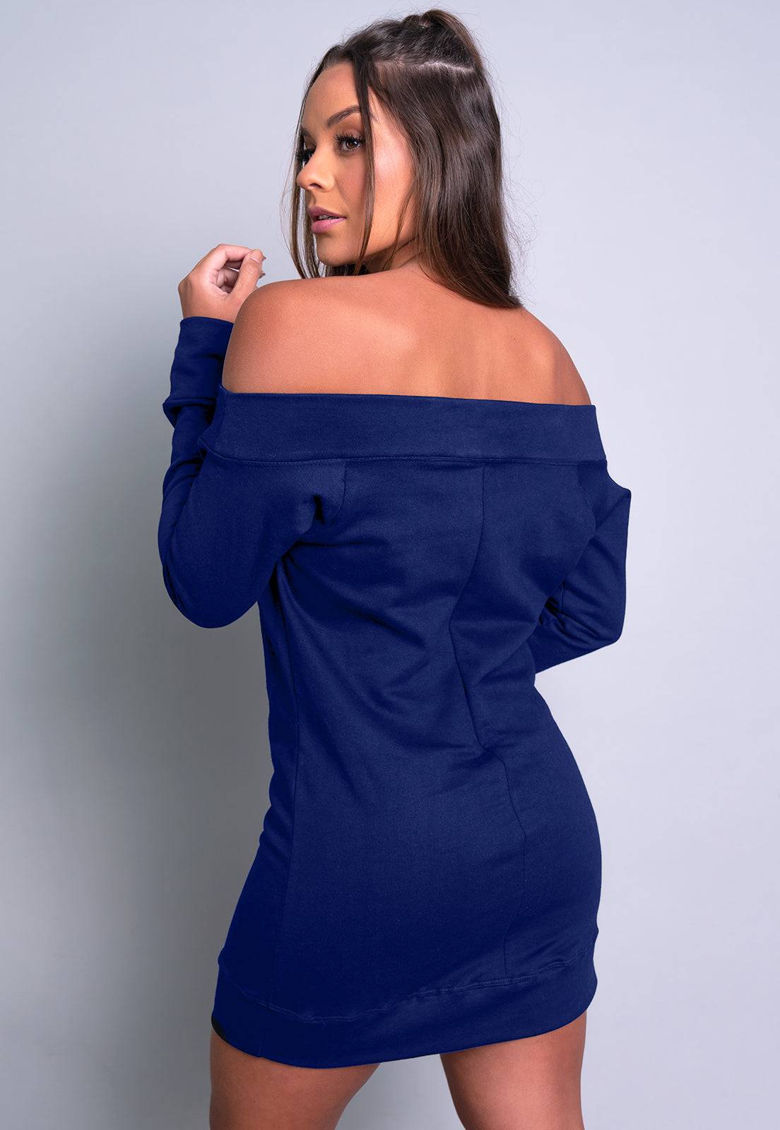 Vestido Moletom Ombro a Ombro Manga Longa Azul - MVB MODAS