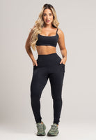 Calça Legging Bolsos Cintura Alta Feminina Jacquard Preto - MVB MODAS