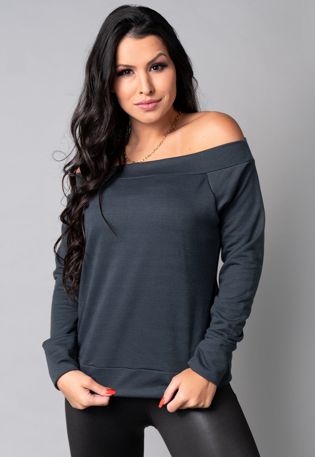 Blusa Manga Longa Cropped Ombro a Ombro Preto - MVB MODAS