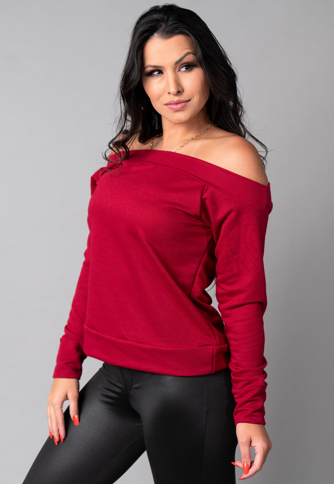 Blusa Manga Longa Cropped Ombro a Ombro Preto - MVB MODAS