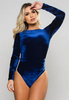 Body Collant Manga Longa Costa Nua Veludo Molhado Azul - MVB MODAS