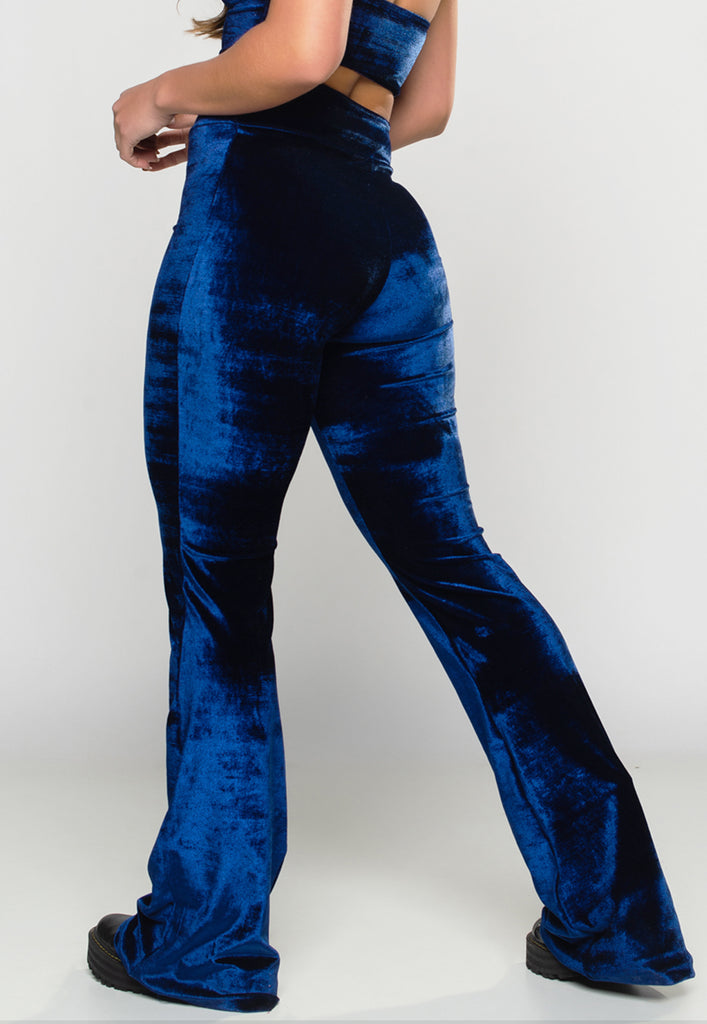 Calça Flare Pantalona Veludo Molhado Cintura Alta Azul - MVB MODAS