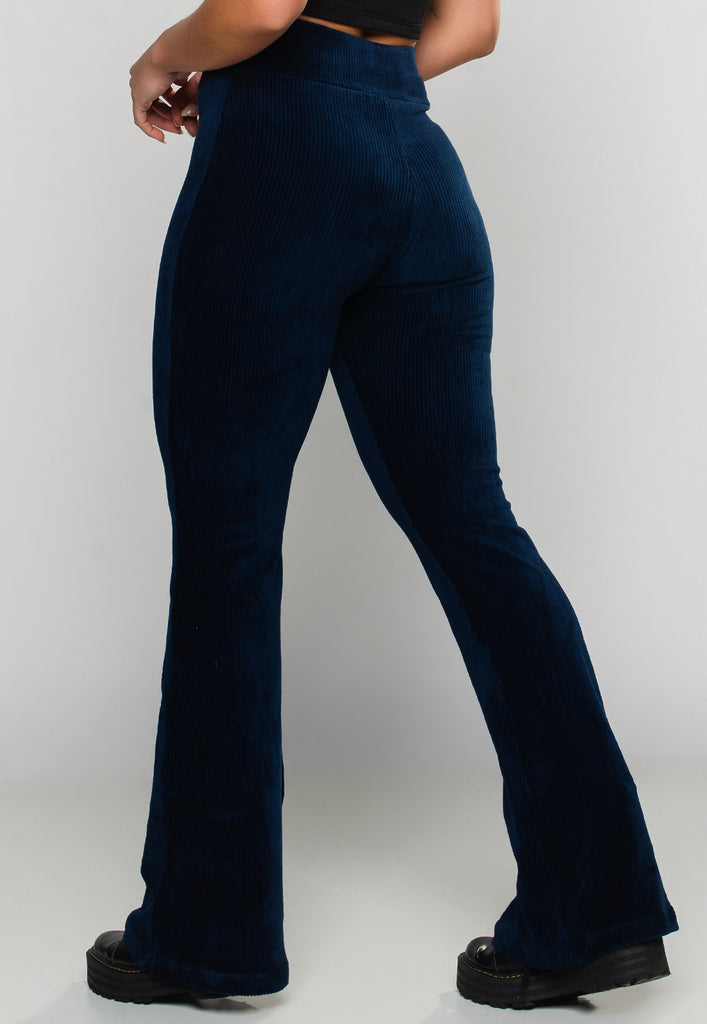 Calça Flare Pantalona Veludo Cotelê Cintura Alta Azul - MVB MODAS