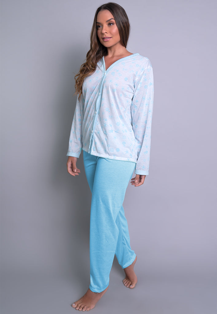 Pijama Longo Blusa Aberta Botões Calça Azul - MVB MODAS
