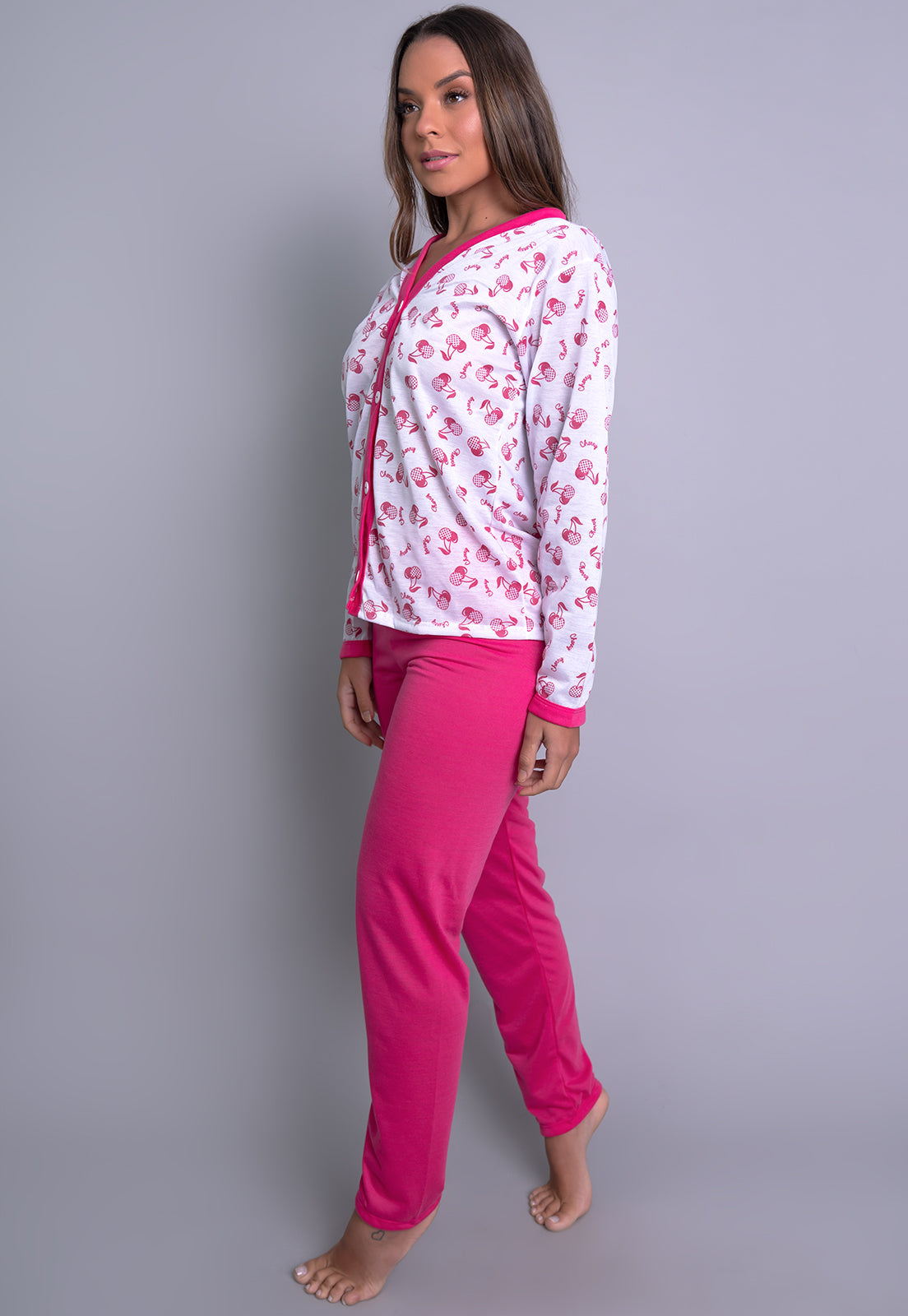 Pijama Longo Blusa Aberta Botões Calça Rosa - MVB MODAS