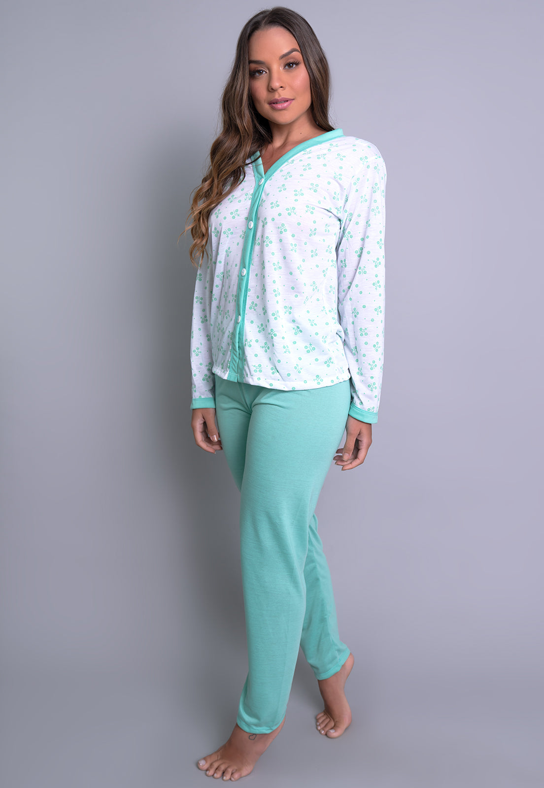 Pijama Longo Blusa Aberta Botões Calça Verde - MVB MODAS