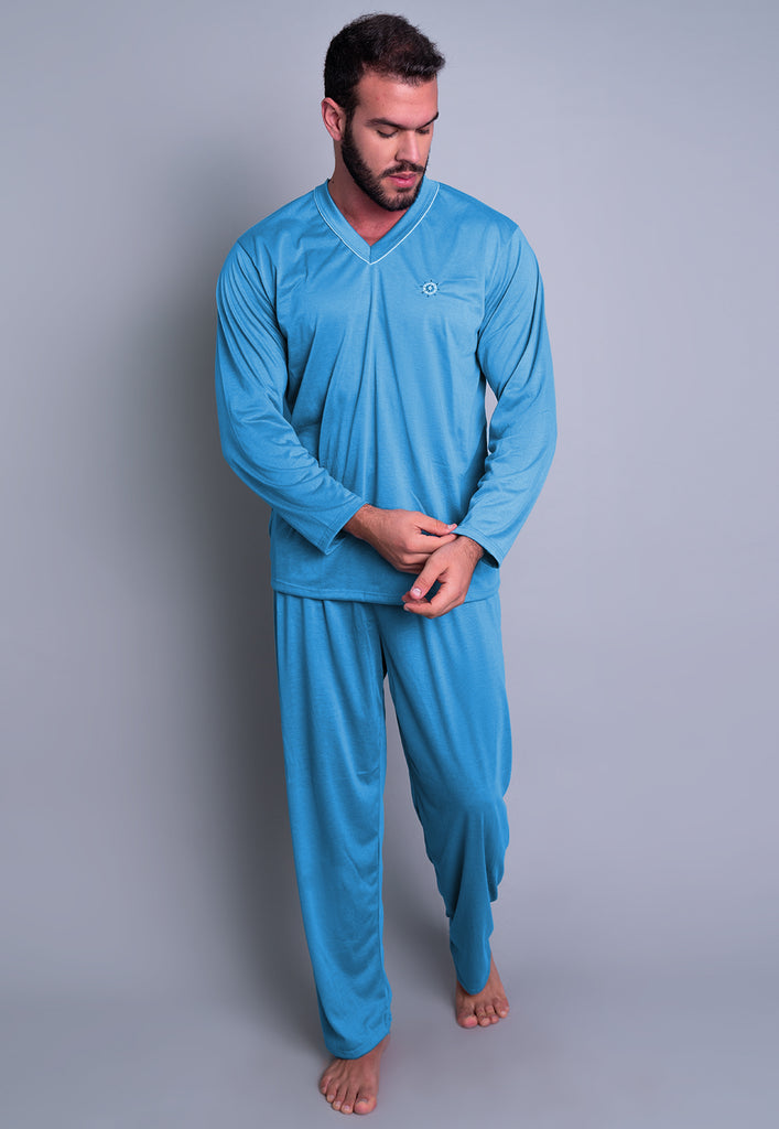 Pijama Longo Masculino Manga Comprida Calça Azul Claro - MVB MODAS