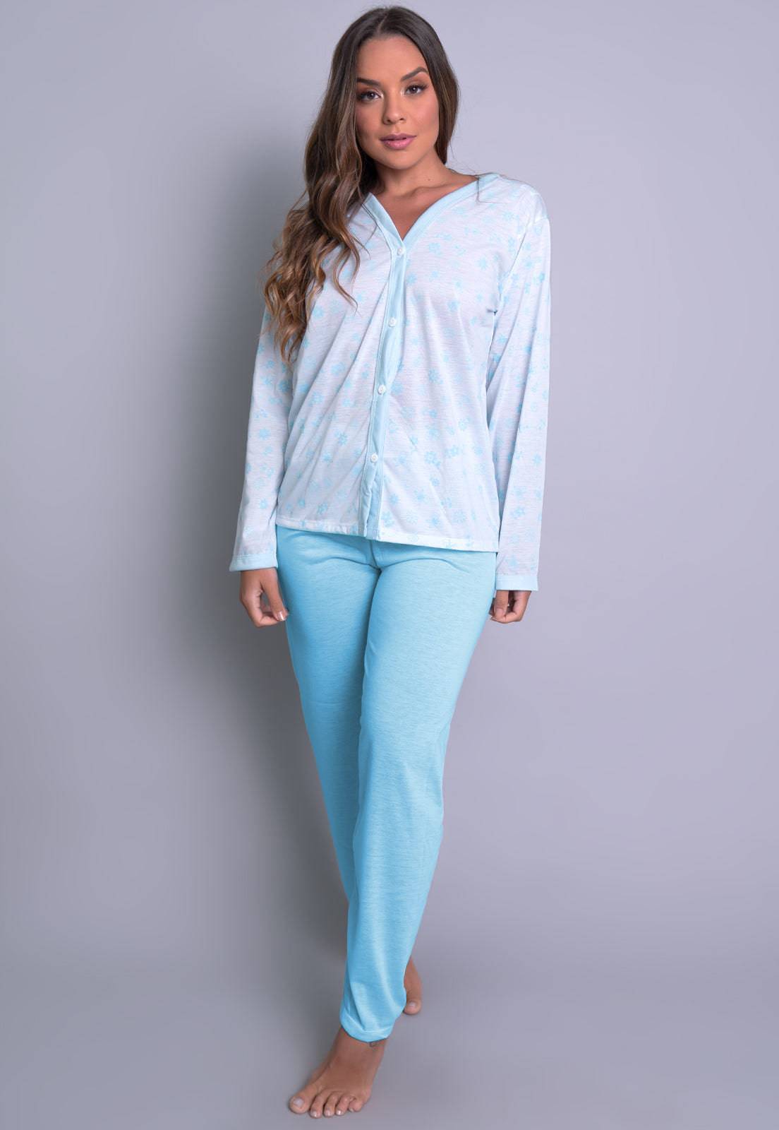 Pijama Longo Blusa Aberta Botões Calça - MVB MODAS